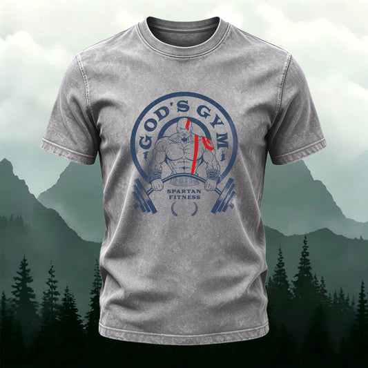 Fitness Print Fashion Washed Cotton Casual T-Shirt Light Grey