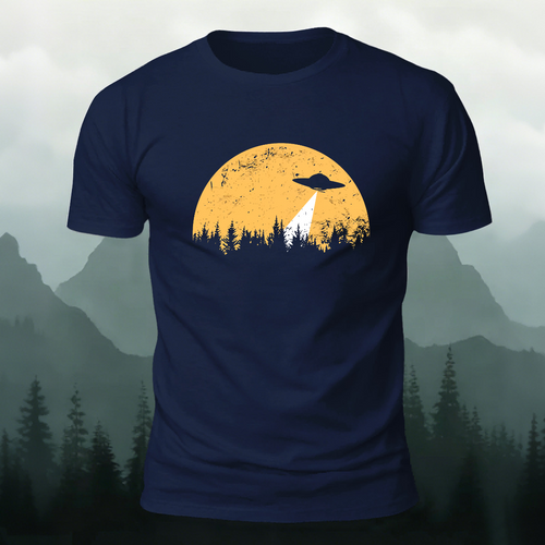 Alien Spaceship Pattern Skin-Friendly Casual T-Shirt Navy