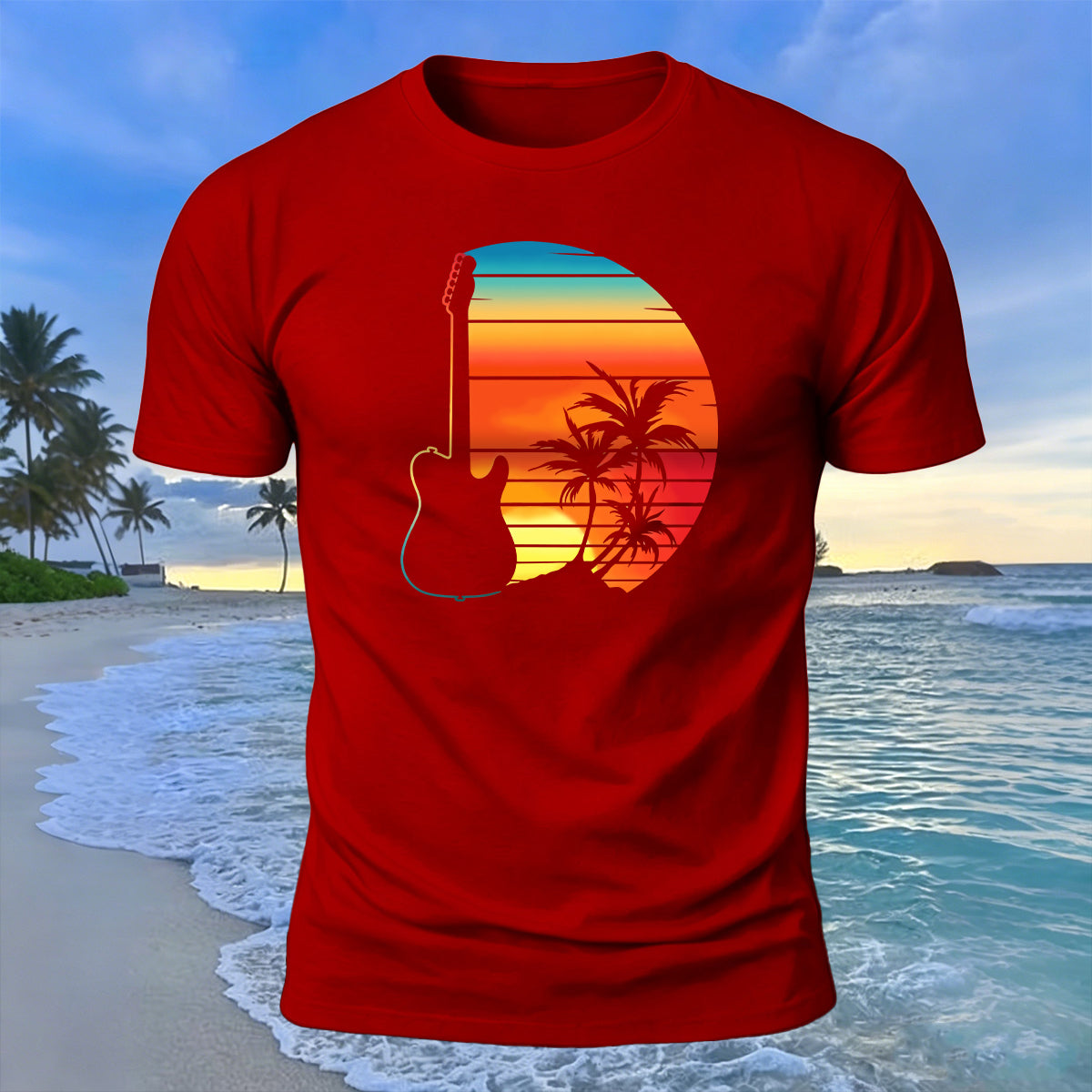 Beach Sunset Openwork Guitar Print Cotton T-Shirt Red