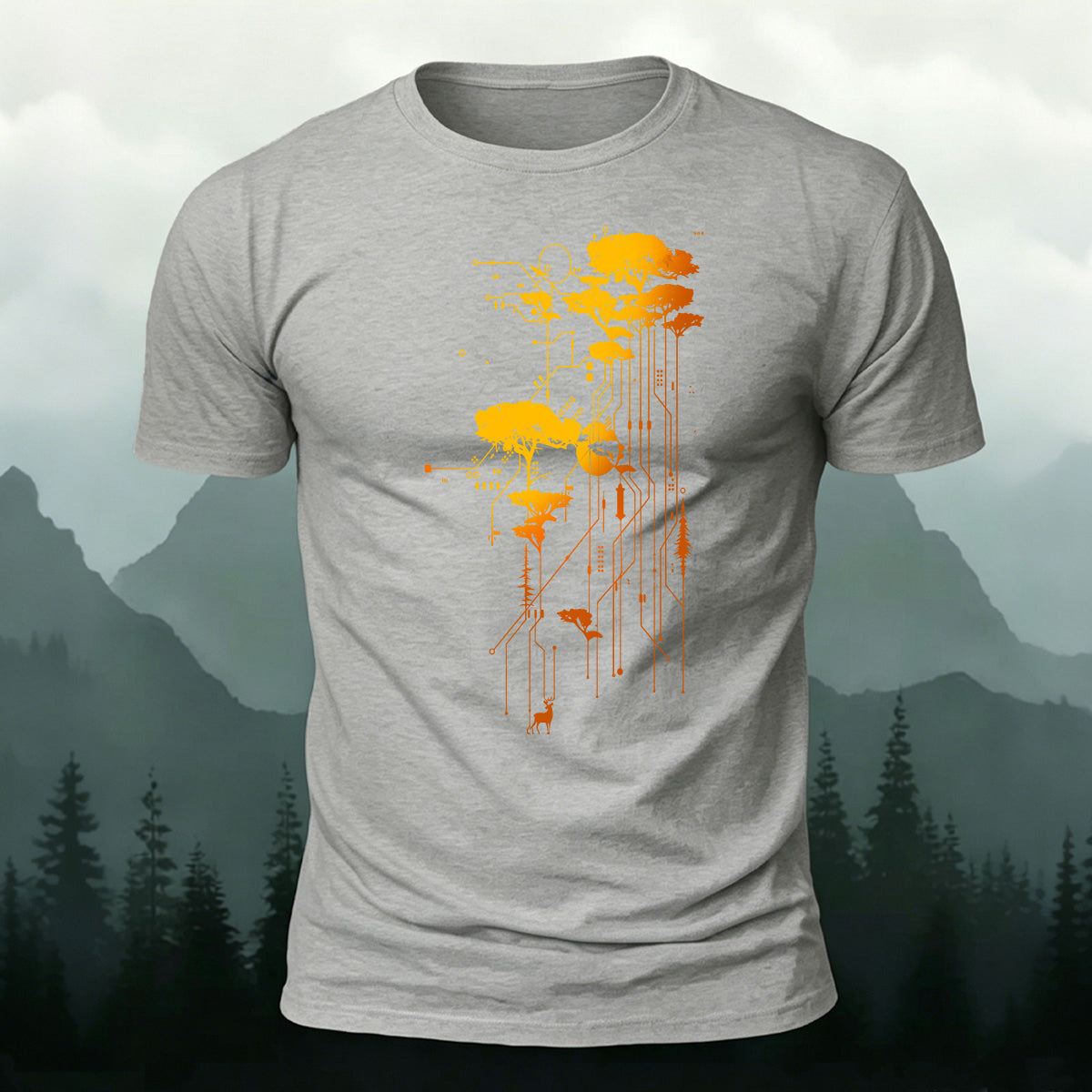 Artistic Trees Pattern Breathable Material Casual T-Shirt Grey