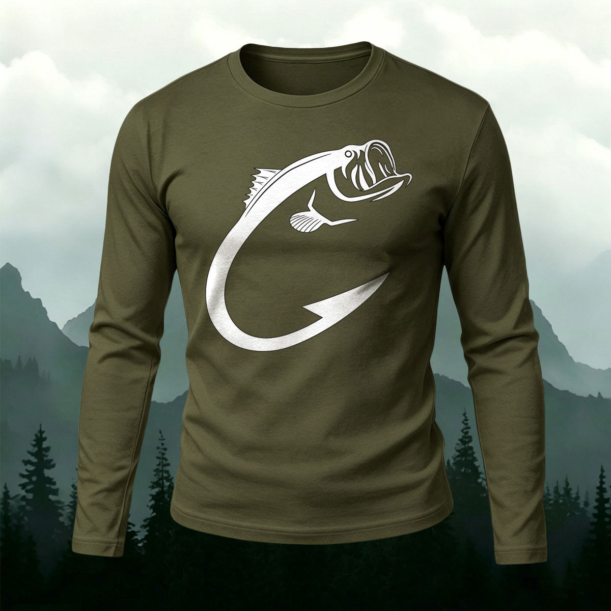 Fun Fish Hook Print Casual Long-Sleeve Cotton T-Shirt