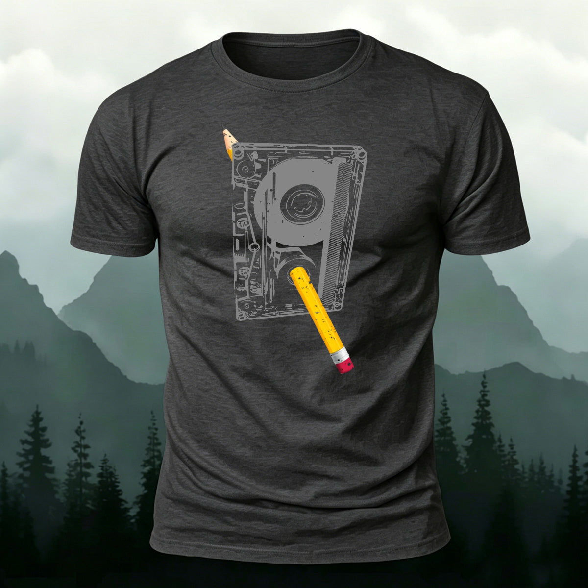 Pencil and Tape Pattern Soft-touch Feel T-Shirt Dark Grey