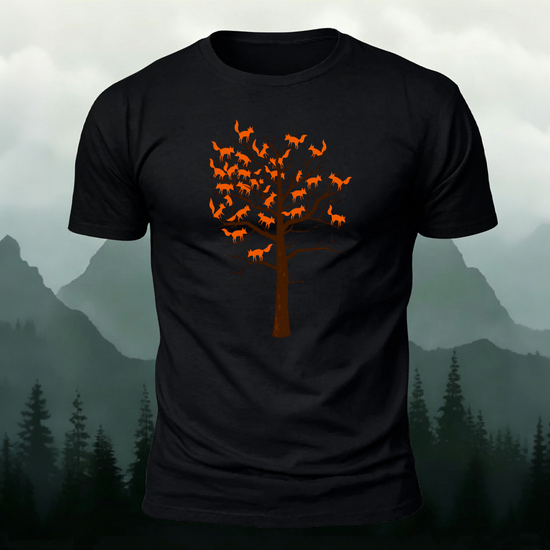 Foxes and Tree Art Pattern Casual Cotton T-Shirt Black