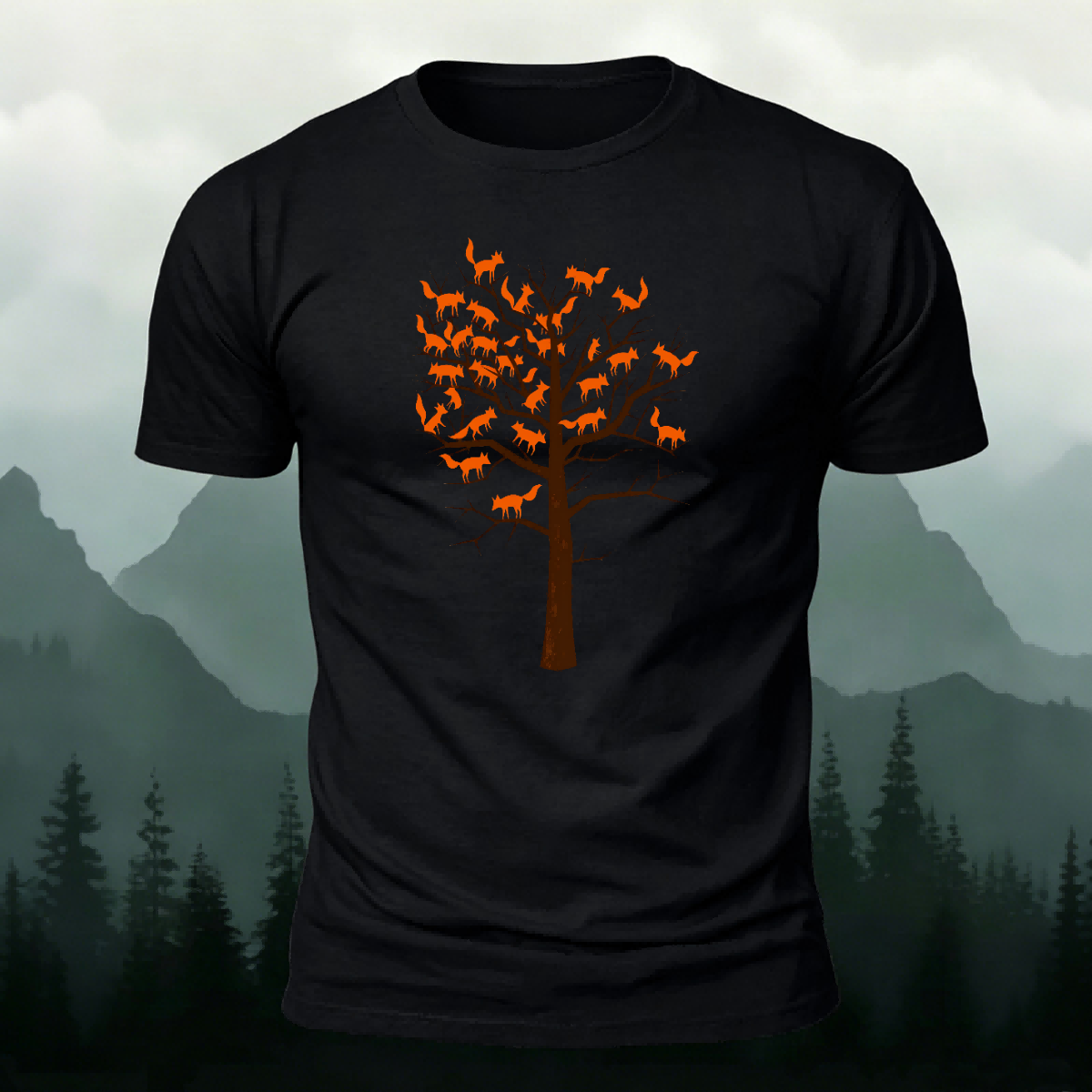 Foxes and Tree Art Pattern Casual Cotton T-Shirt Black