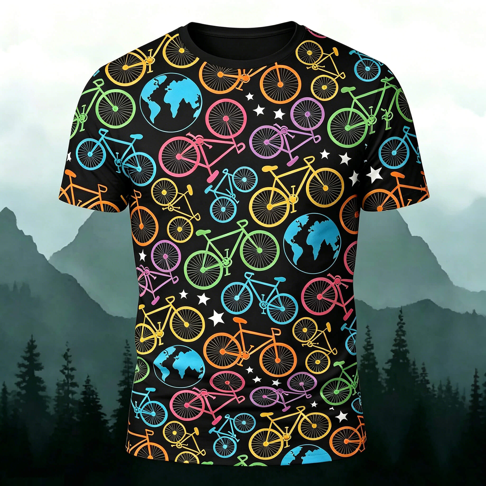 Colorful Bicycle Earth Graphic Casual Comfortable Tee Black 1