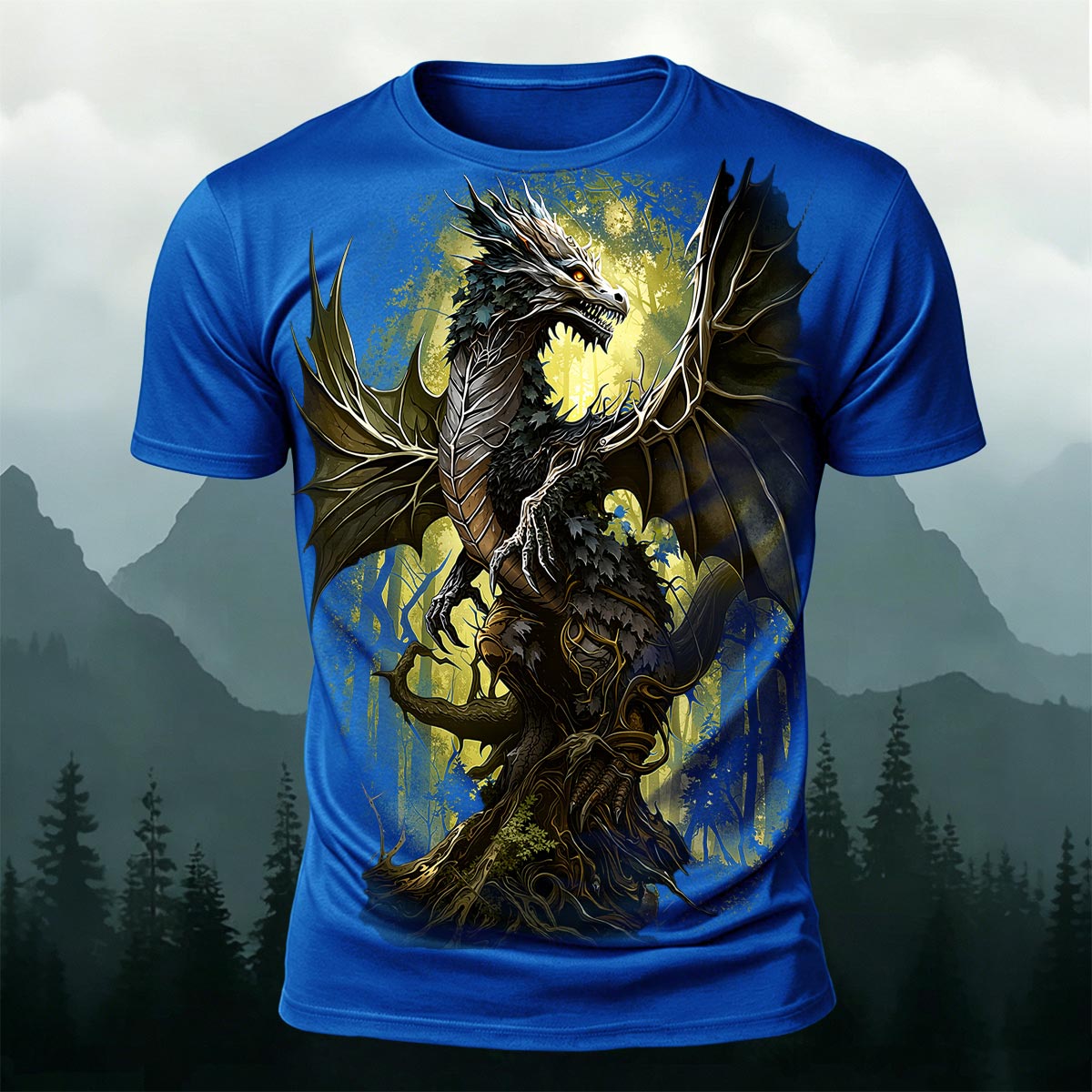 Retro Forest Dragon Print Outdoor 100% Cotton T-Shirt Blue