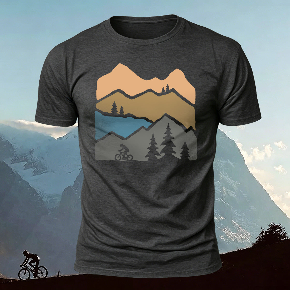 Mountain Biking Print Outdoor Casual Cotton T-Shirt Dark Grey