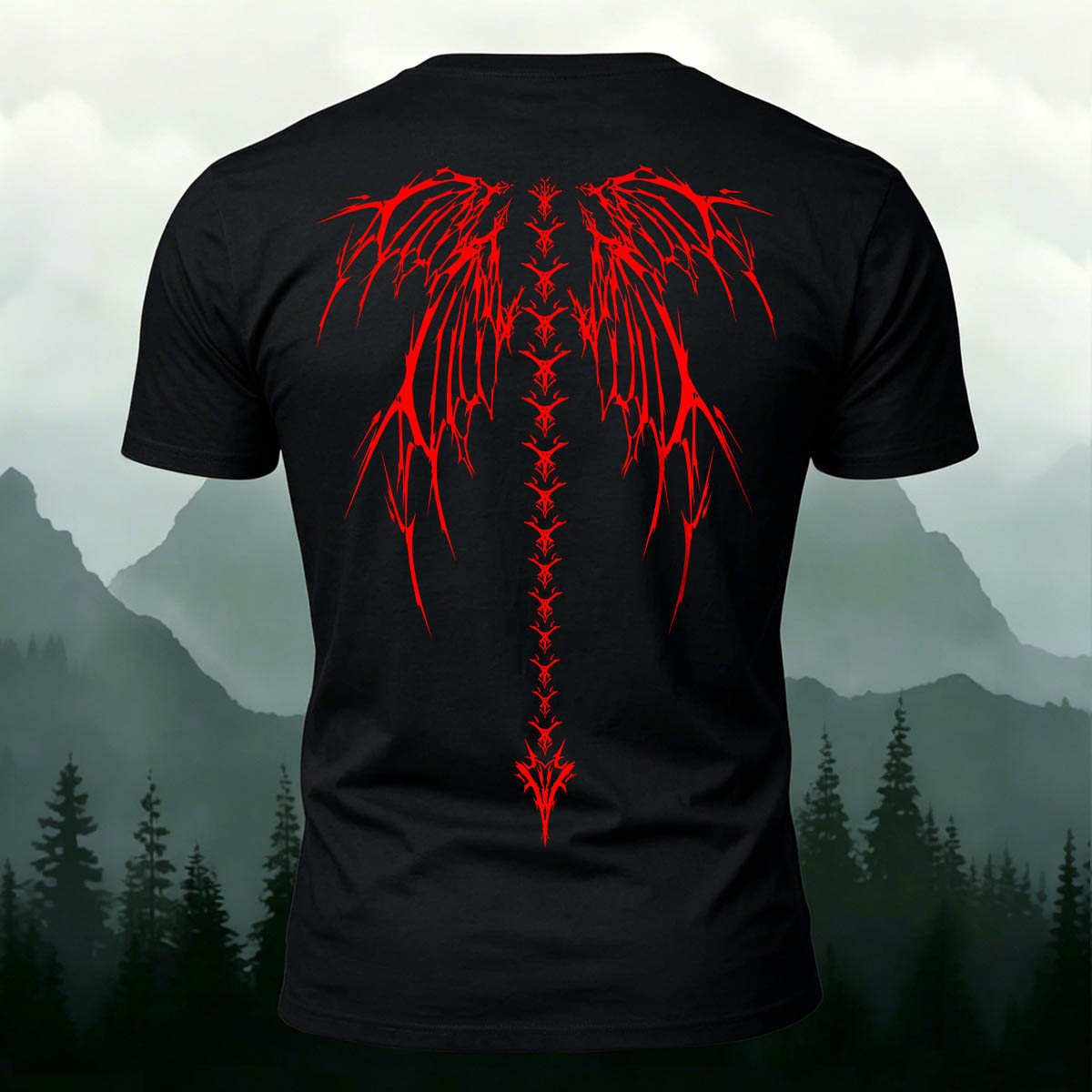 Dark-Style Devil Wings Spine Print Casual Cotton T-Shirt