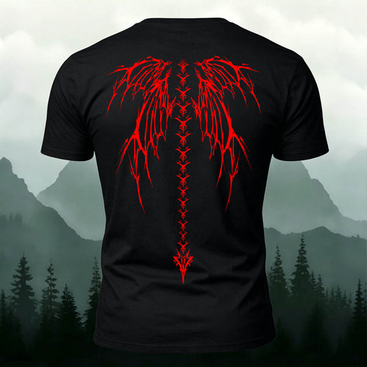 Dark-Style Devil Wings Spine Print Casual Cotton T-Shirt