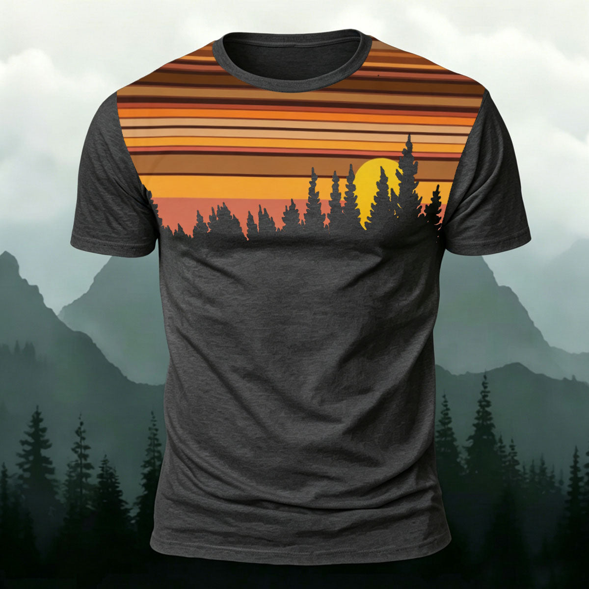 Sunset Scenery Printed Mountain-style Cotton T-Shirt Dark grey
