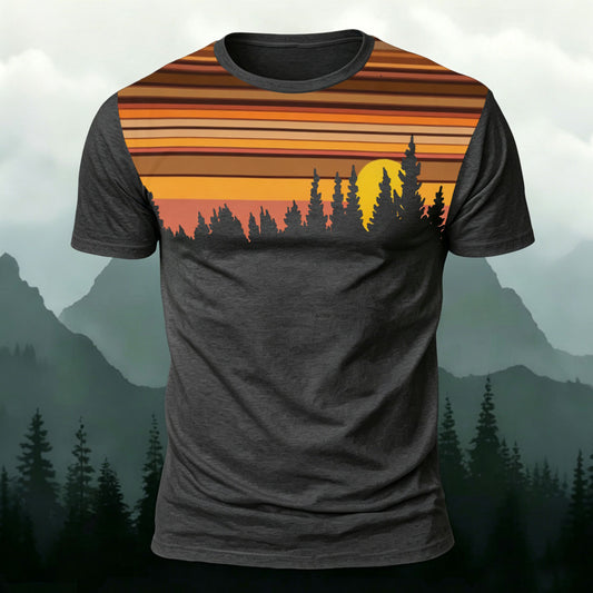 Sunset Scenery Printed Mountain-style Cotton T-Shirt Dark grey