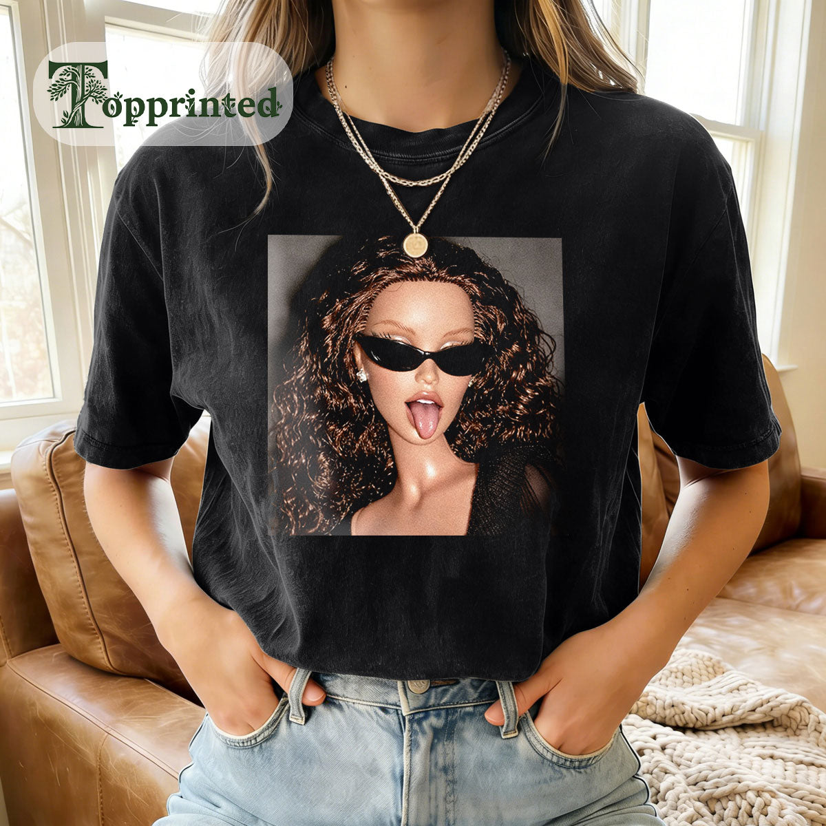 MEME Tongue Out Print Washed Cotton Crew Neck T-Shirt