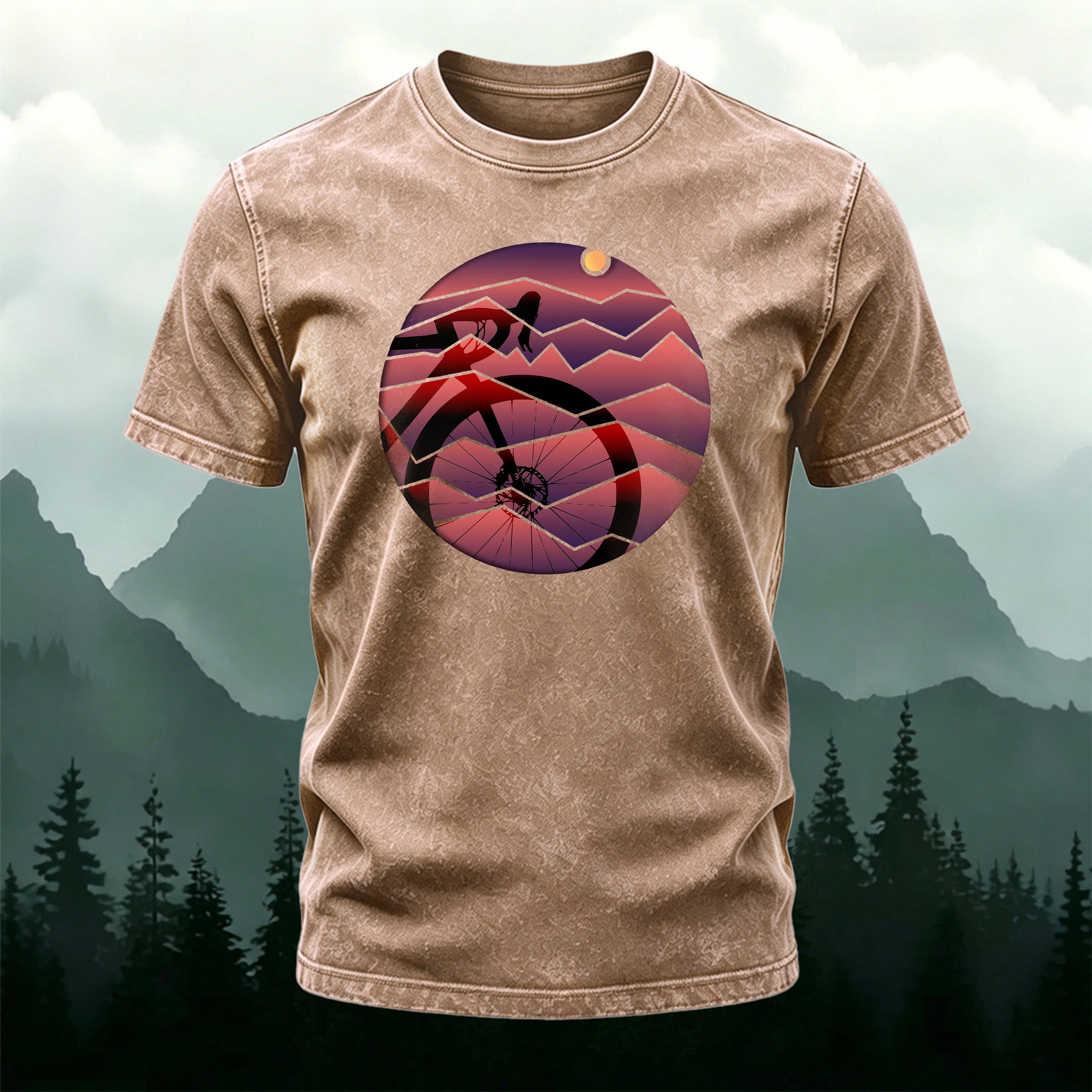 Bicycle Sunset Print Casual Washed Cotton T-Shirt