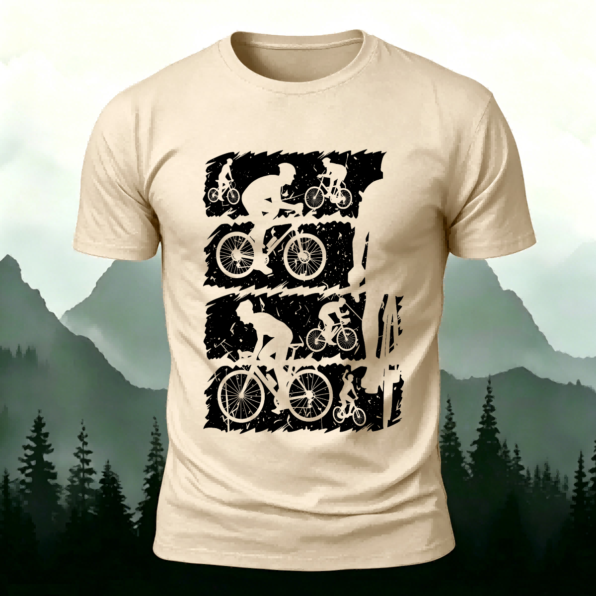 Mountain Bike Print Outdoor Style Soft Cotton T-Shirt Beige
