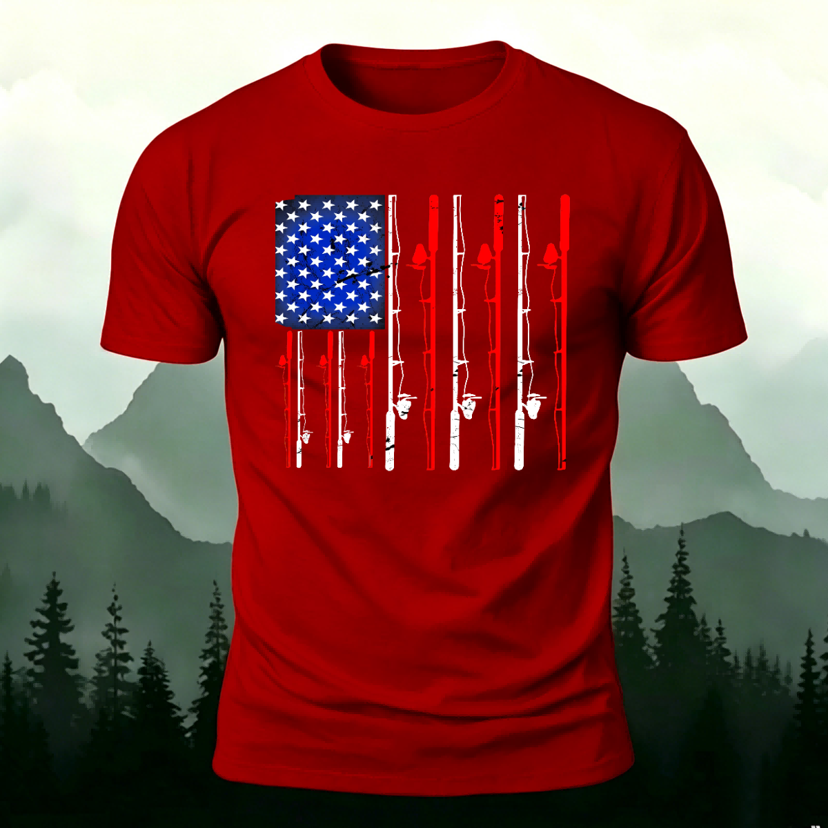 American-style Fishing Rod Pattern Cotton T-shirt Red