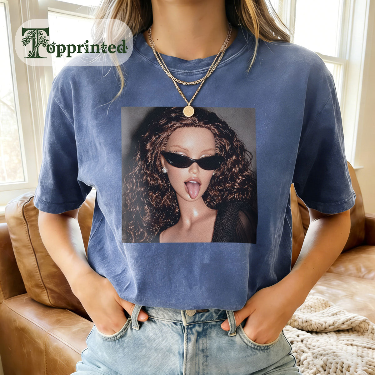 MEME Tongue Out Print Washed Cotton Crew Neck T-Shirt