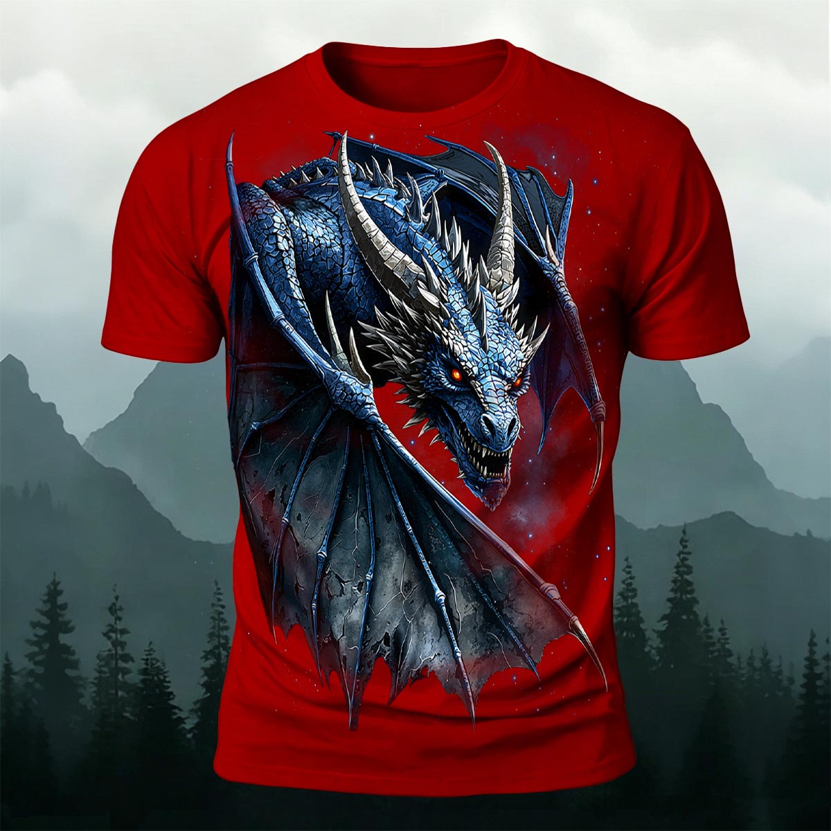 Fierce Dragon Print Cool Casual Premium Cotton T-Shirt Red