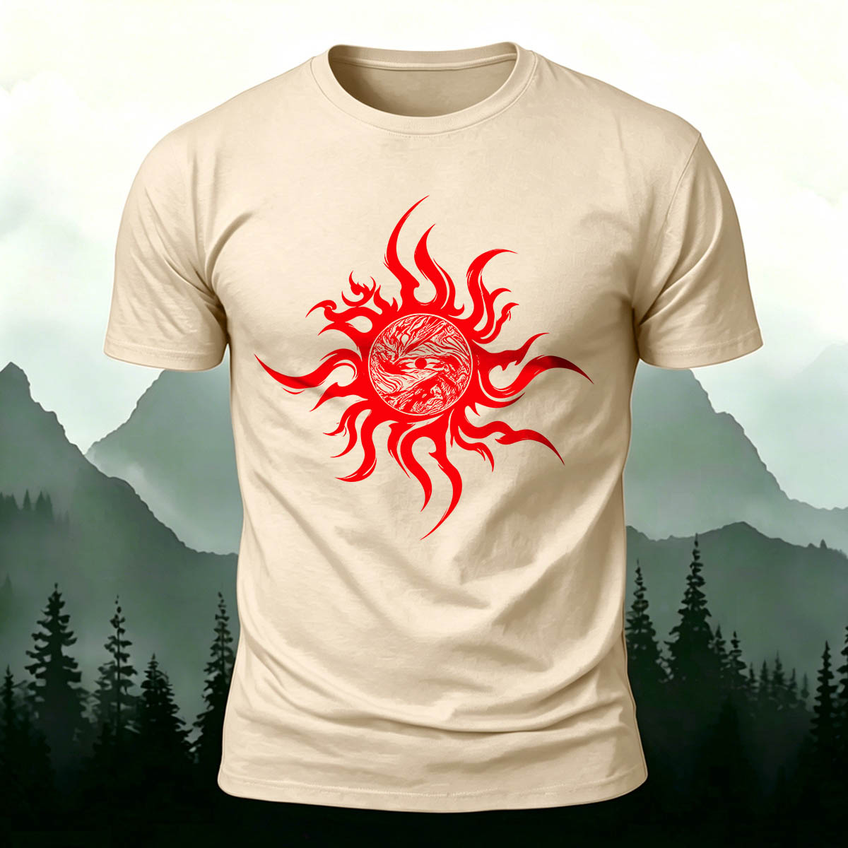 Artistic Sun Print Casual 100% Cotton T-Shirt