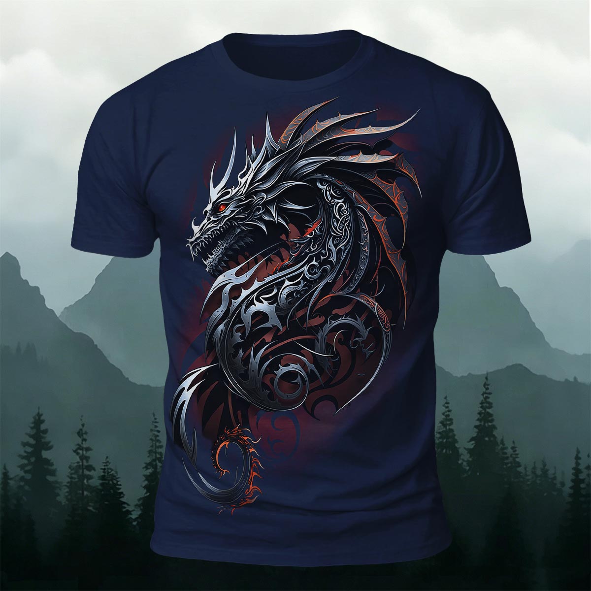 Dark Totem Dragon Print Casual Crew Neck T-Shirt