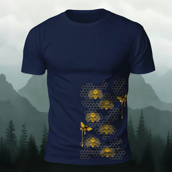 Bees Pattern Natural Casual Premium Cotton T-Shirt Navy