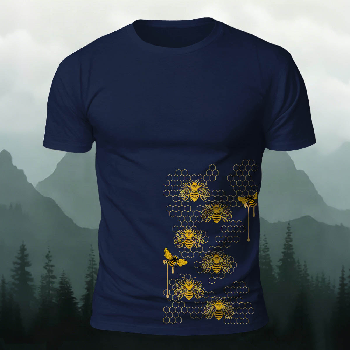 Bees Pattern Natural Casual Premium Cotton T-Shirt Navy