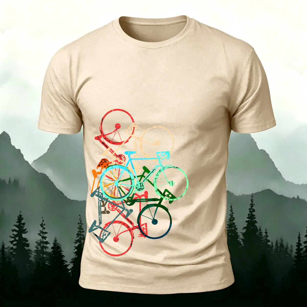 Colorful Bicycle Printed Soft-touch Feel Casual T-Shirt