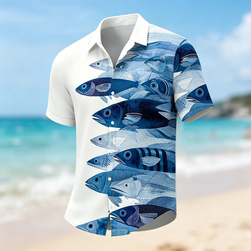 Fish Pattern Print Color-block Short-sleeve Shirt 2