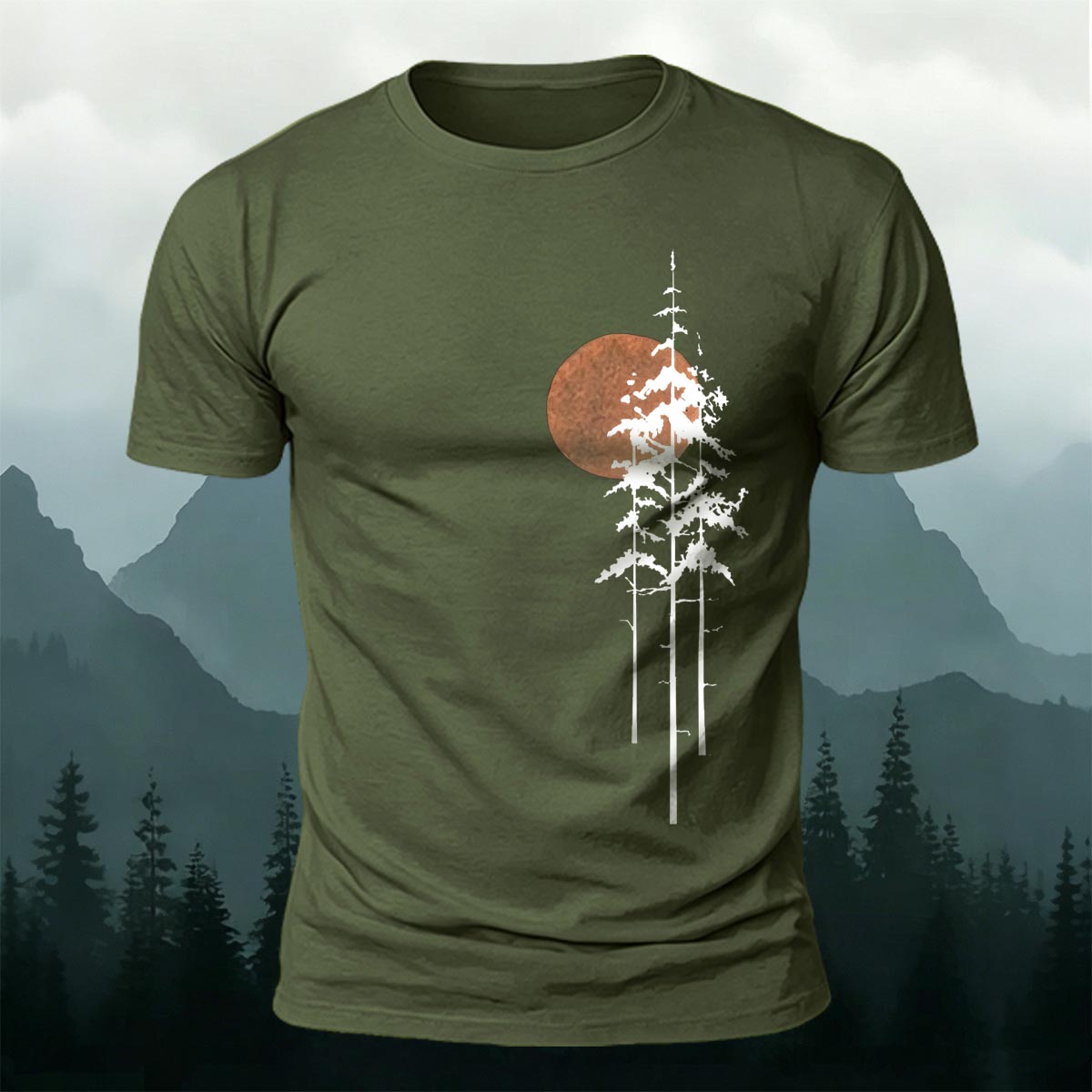 Retro Sunset Pine Tree Print Cotton T-Shirt AMG