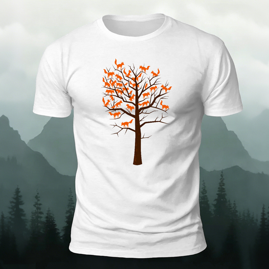 Foxes and Tree Art Pattern Casual Cotton T-Shirt White