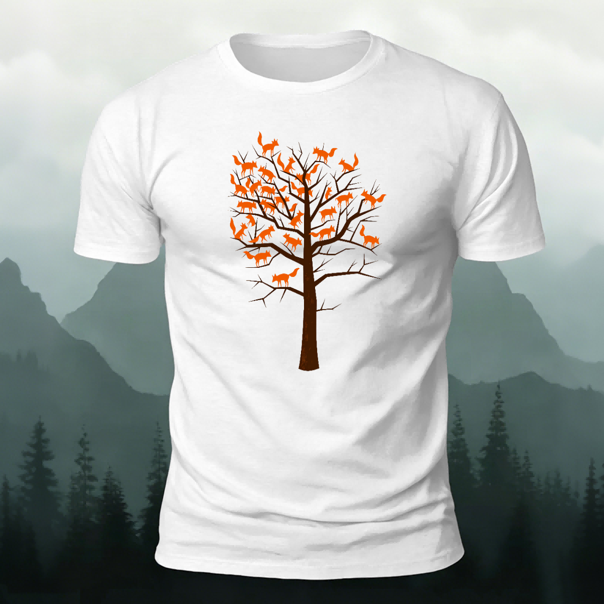 Foxes and Tree Art Pattern Casual Cotton T-Shirt White