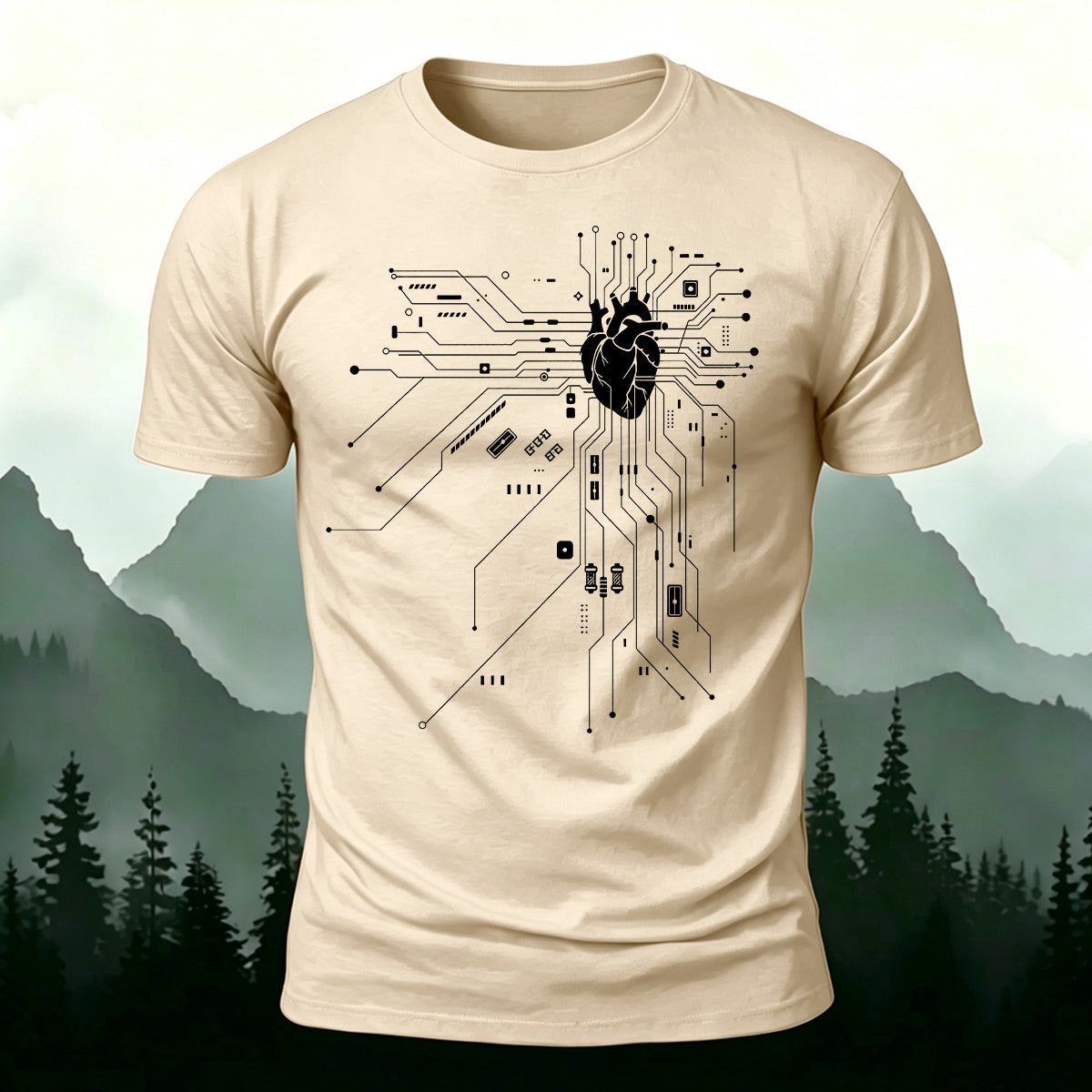 Creative Heart Pattern Combed Cotton T-Shirt Beige