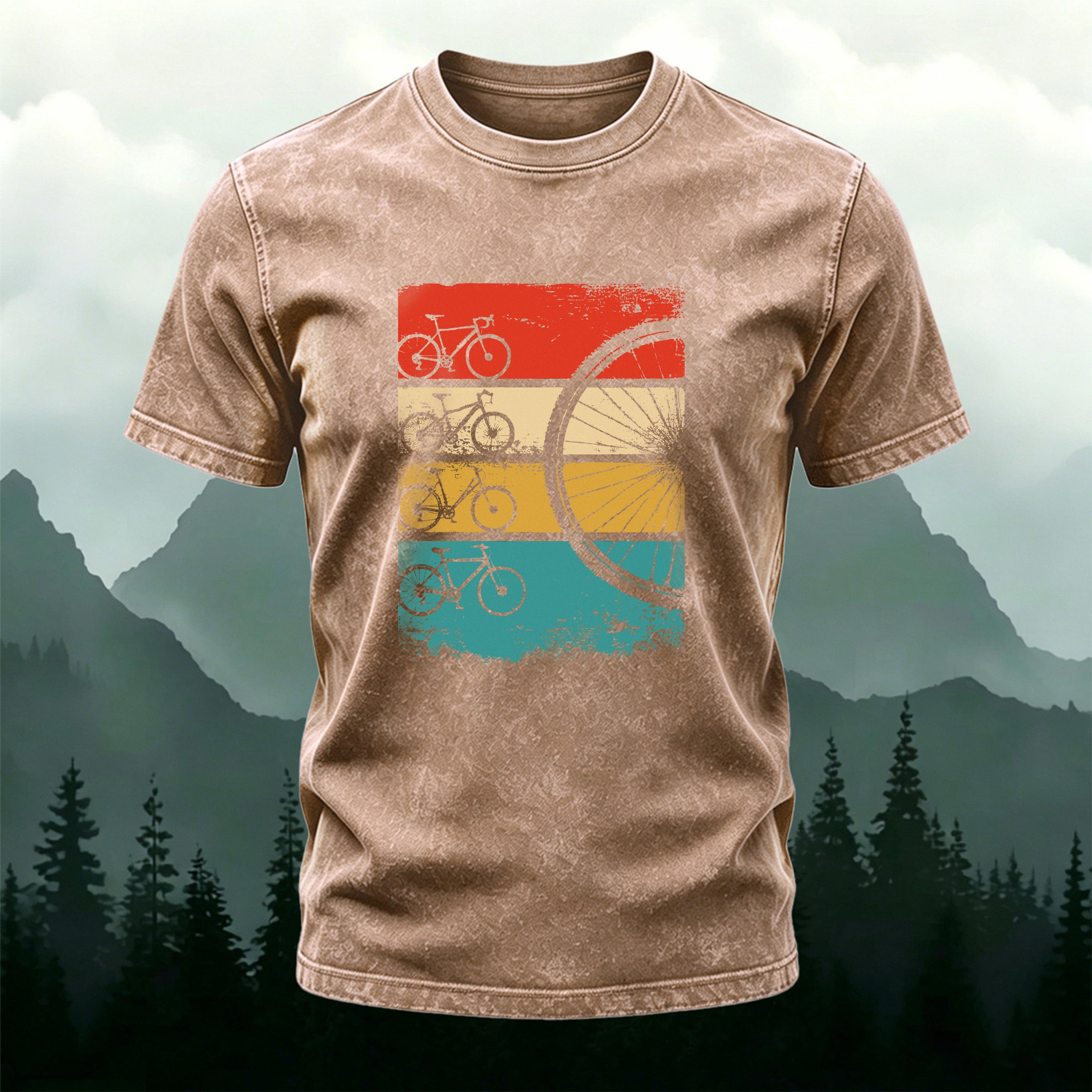 Cycling-themed Colorful Bicycle Print Washed Cotton T-Shirt