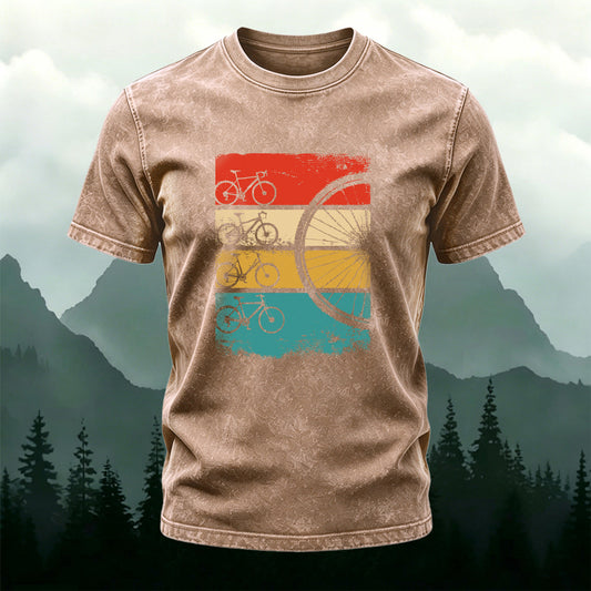 Cycling-themed Colorful Bicycle Print Washed Cotton T-Shirt
