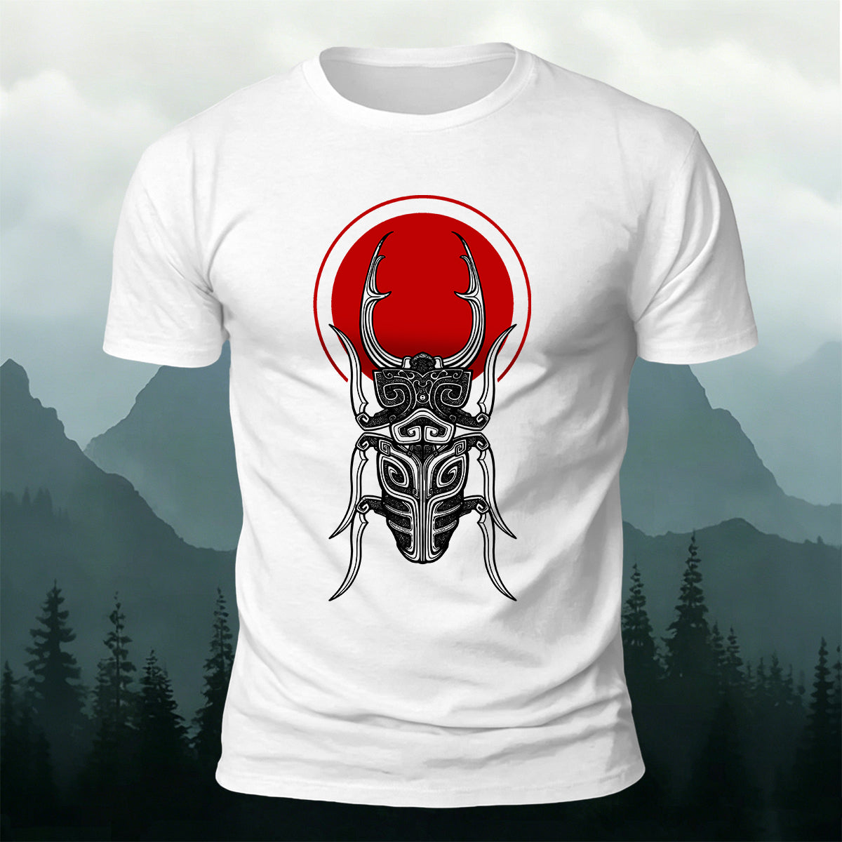 Retro Sketched Beetle Print Outdoor Comfort Cotton T-Shirt