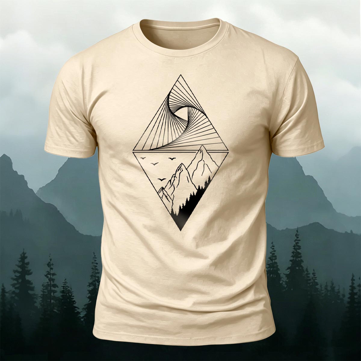 Mountain Geometric Pattern Casual 100% Cotton T-Shirt