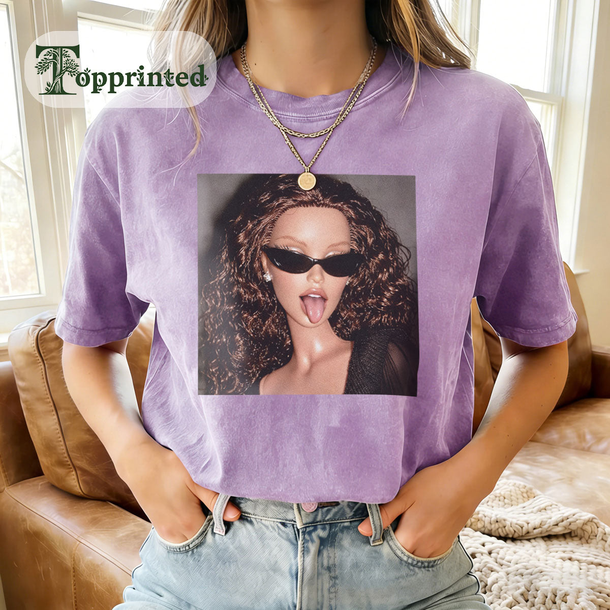 MEME Tongue Out Print Washed Cotton Crew Neck T-Shirt