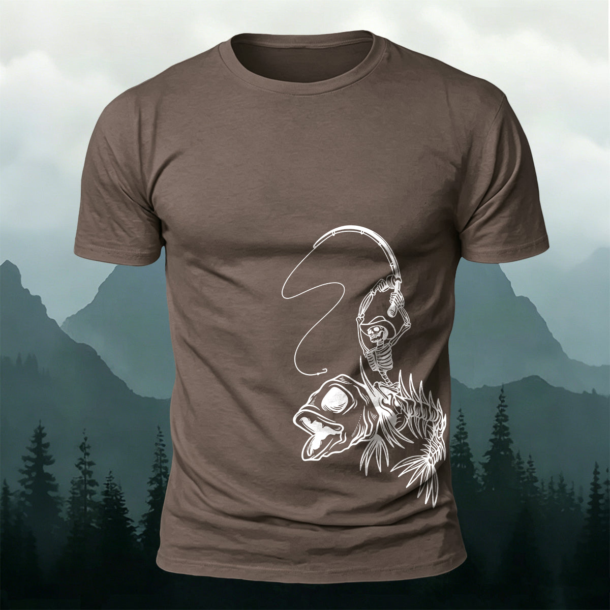 Fishbone Fishing Series Printed Round-Neck Cotton T-Shirt