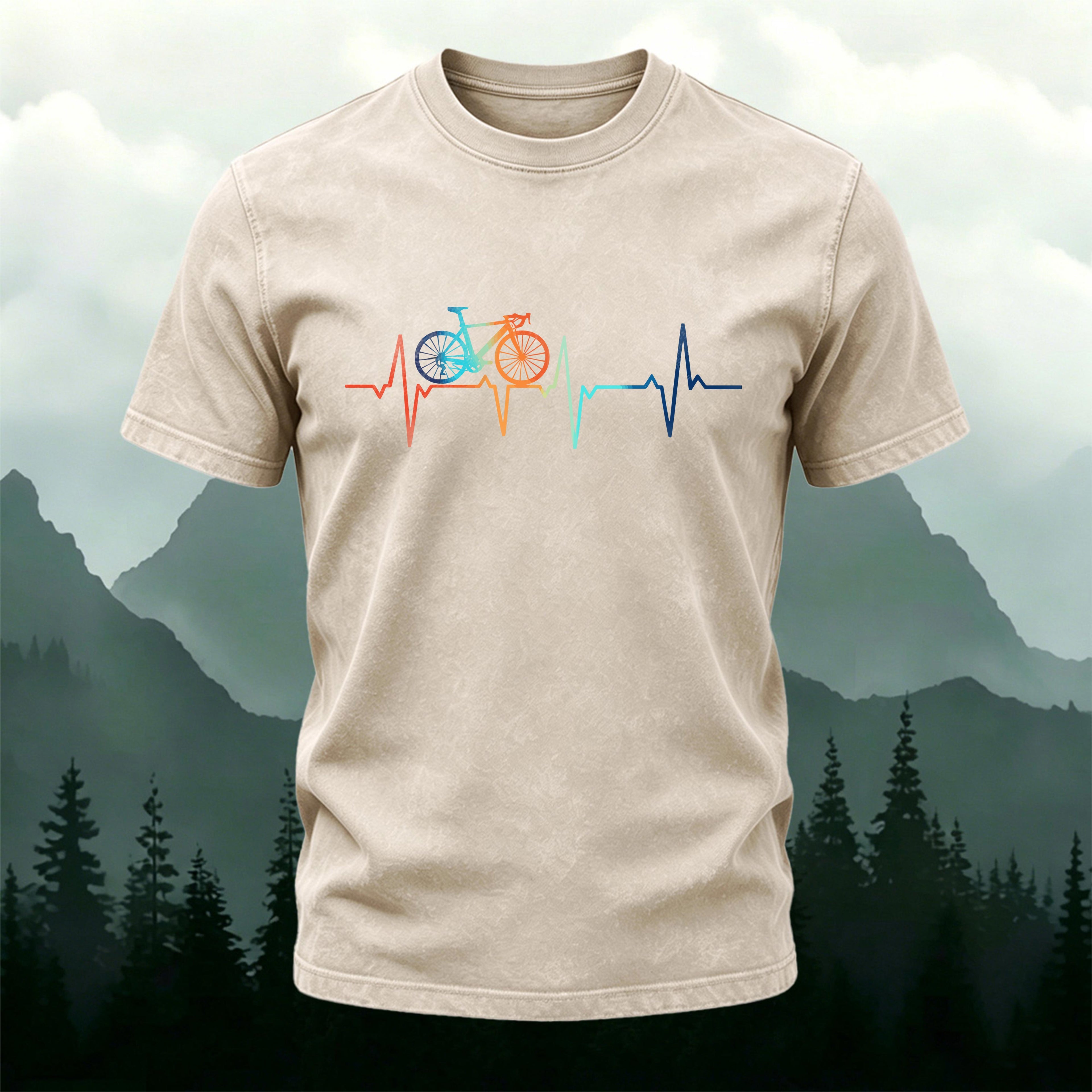 Cycling-themed Colorful ECG Wave Print Washed Cotton T-Shirt