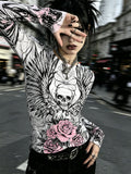 Dark Gothic Round-Neck Winged Retro Long-Sleeve Tee