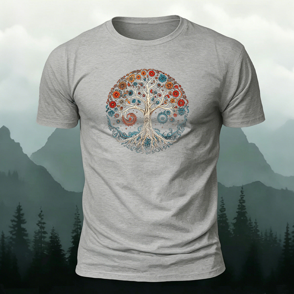 Bloom Tree Print Soft-touch Feel Cotton T-Shirt Grey