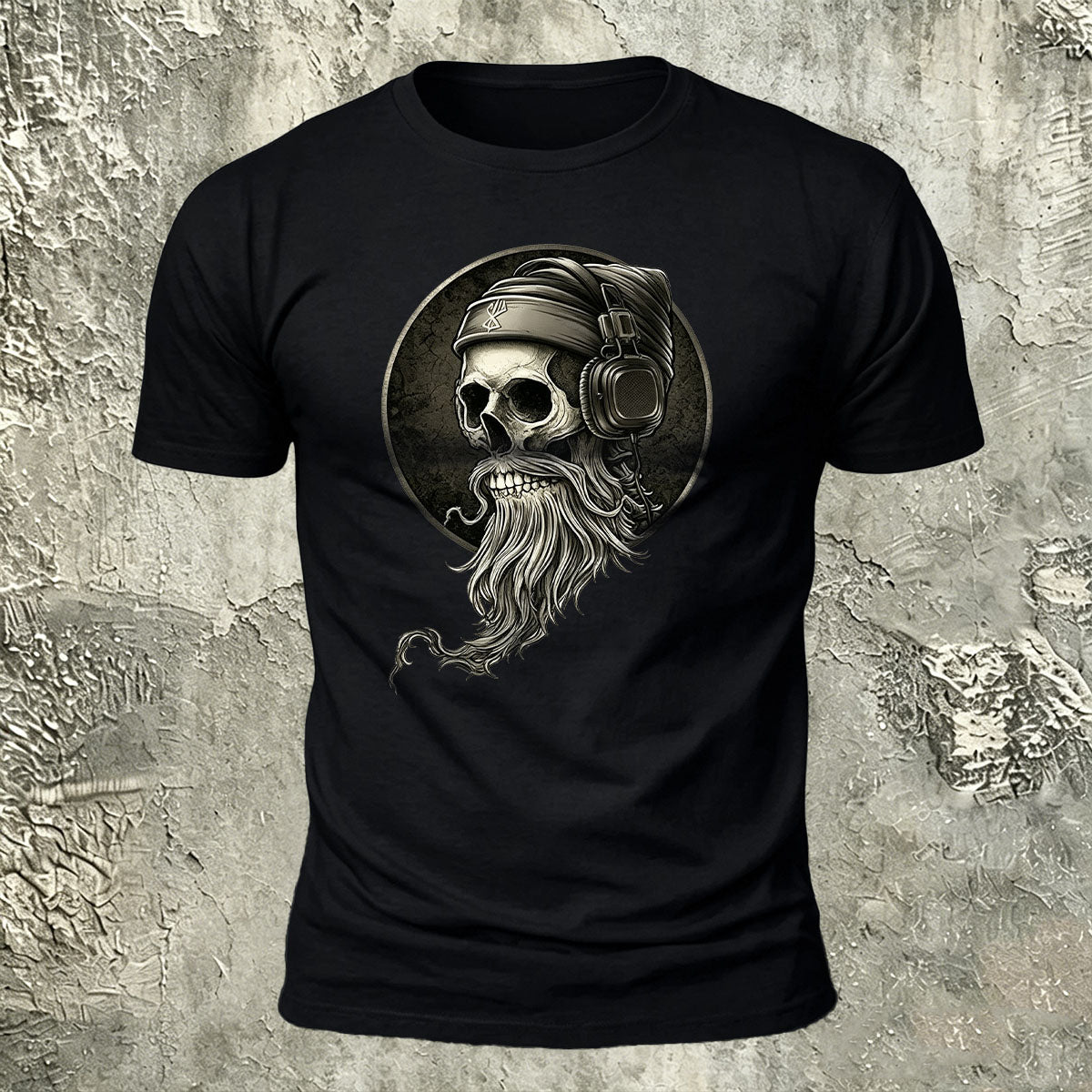 Vintage Skull Headphones Print Casual Cotton T-Shirt