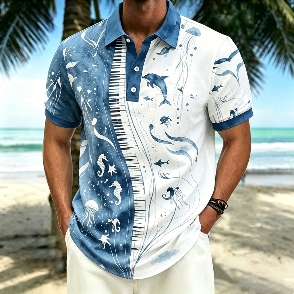 Blue and White Marine-Print Slim-Fit Polo Shirt