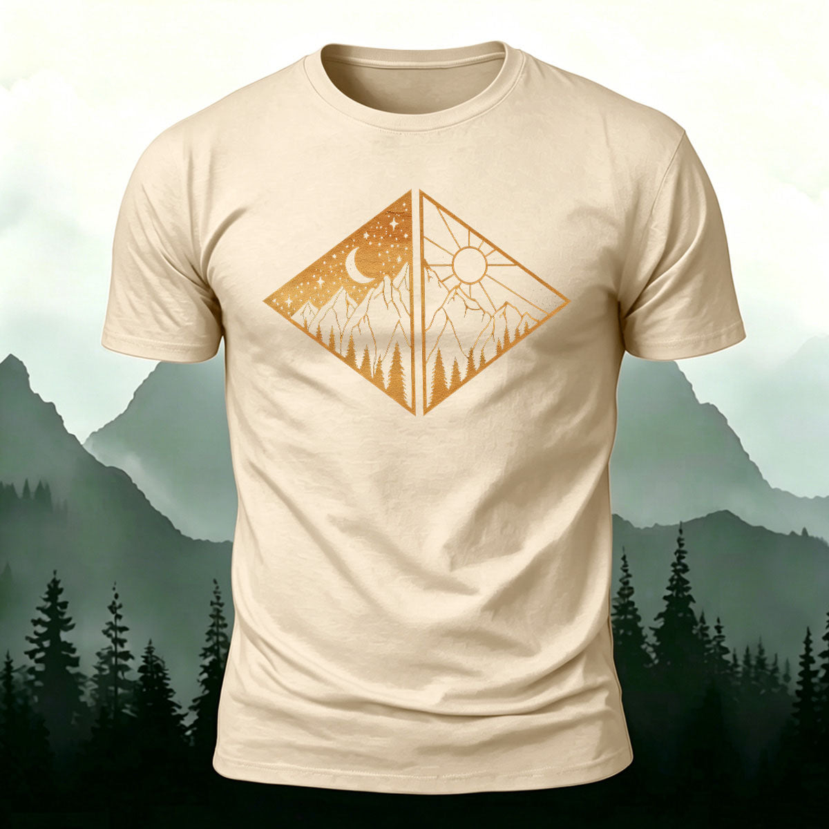 Landscape Art Frame Printed Mountain-style Casual T-Shirt Beige