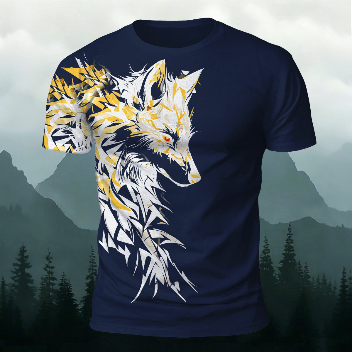 Vintage Giant Wolf Mythology Print Casual Cotton T-Shirt