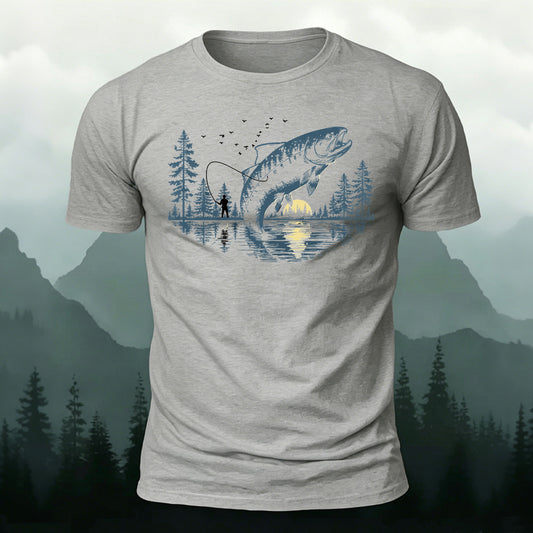 100% Cotton Outdoor Adventure Fisherman Print Casual Tee