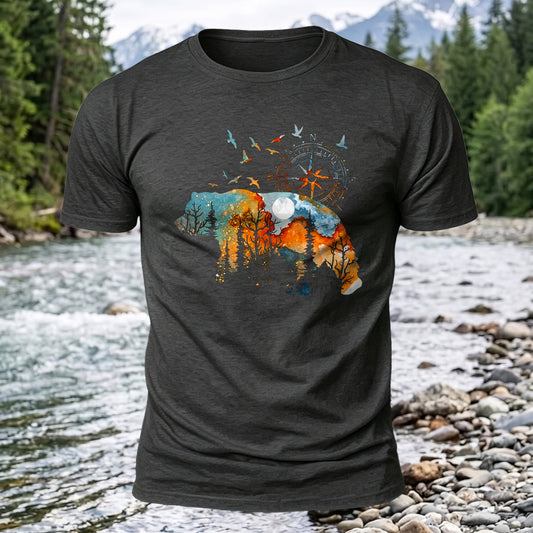 Compass And Bear Printed Short Sleeve T-Shirt