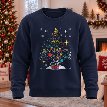 Snowy Bicycle Christmas Tree Printed Round Neck Sweatshirt