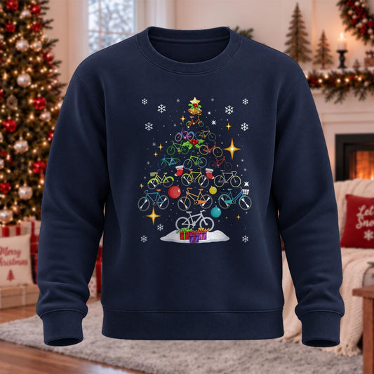 Snowy Bicycle Christmas Tree Printed Round Neck Sweatshirt