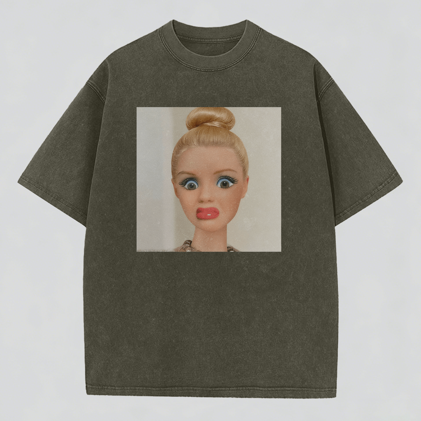 Shocked Expression Print Washed Cotton T-Shirt