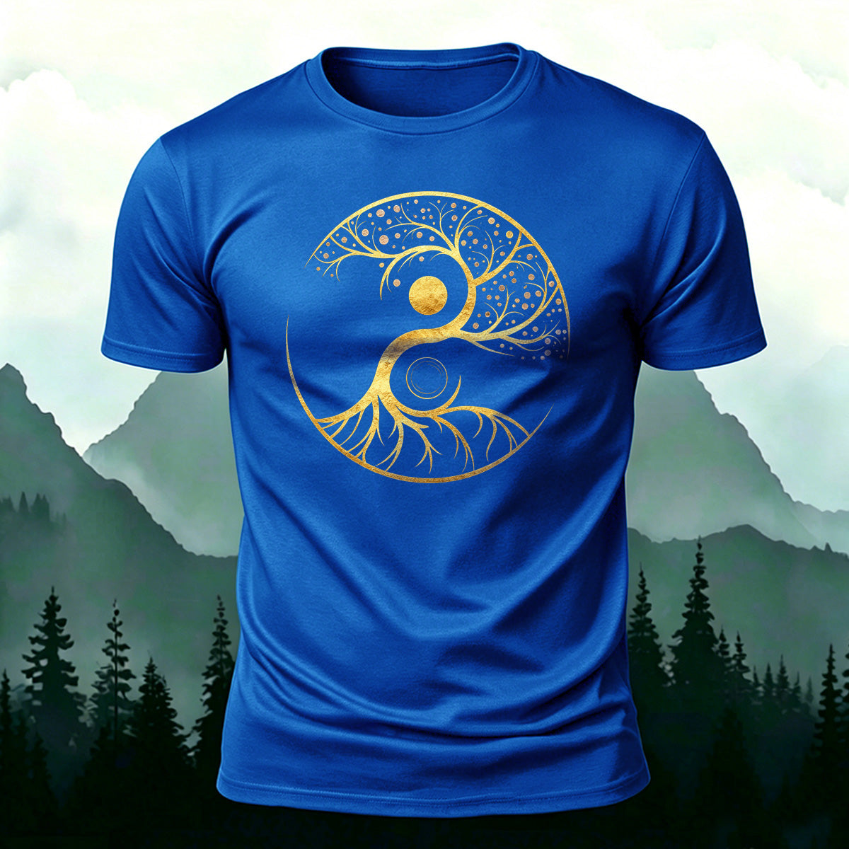 Artistic Graphics Pattern Mountain-Style Cotton T-Shirt Blue